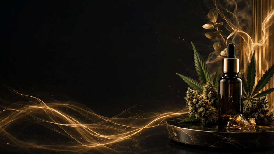 Visuel premium CBD HIGH avec huile CBD, fleurs et vagues dorées